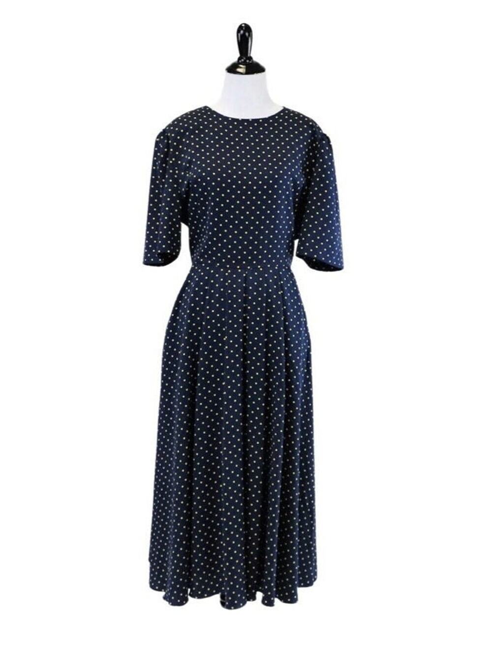 Vintage Navy Dress with Yellow Polka Dots, Full Skirt and Pockets Medium